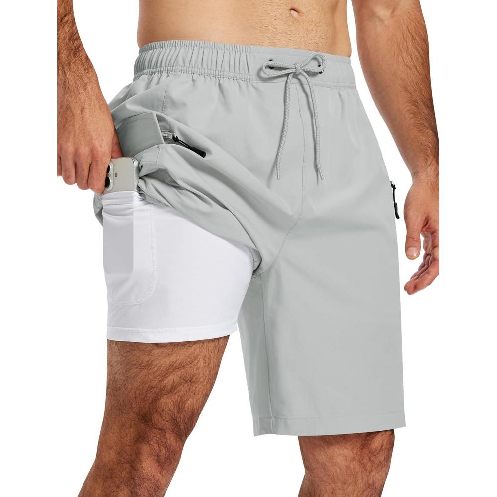 image:imageMoFiz Mens Swim Trunks 9 Quick Dry Mens Broad Beach Shorts Stretch Mens Swim ShortsLight Grey