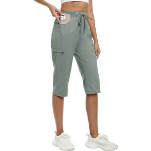 MoFiz Capri Pants for Women Lightweight Ice Cool Capris for Women Casual Summer Trip Loose Shorts with Zipper Pockets(A02-gray Green)