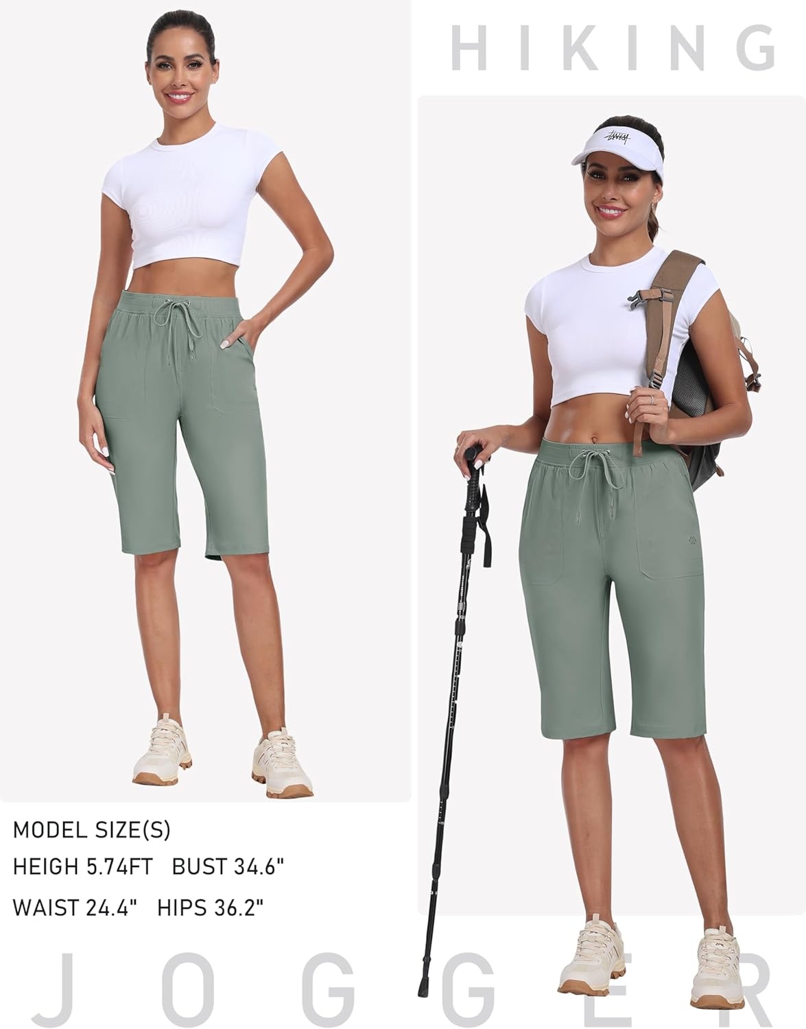 image:imageMoFiz Womens 13 Knee Length Hiking Shorts Quick Dry Water Resistant Athletic Travel Golf Bermuda Shorts with 3 PocketsA05gray Green