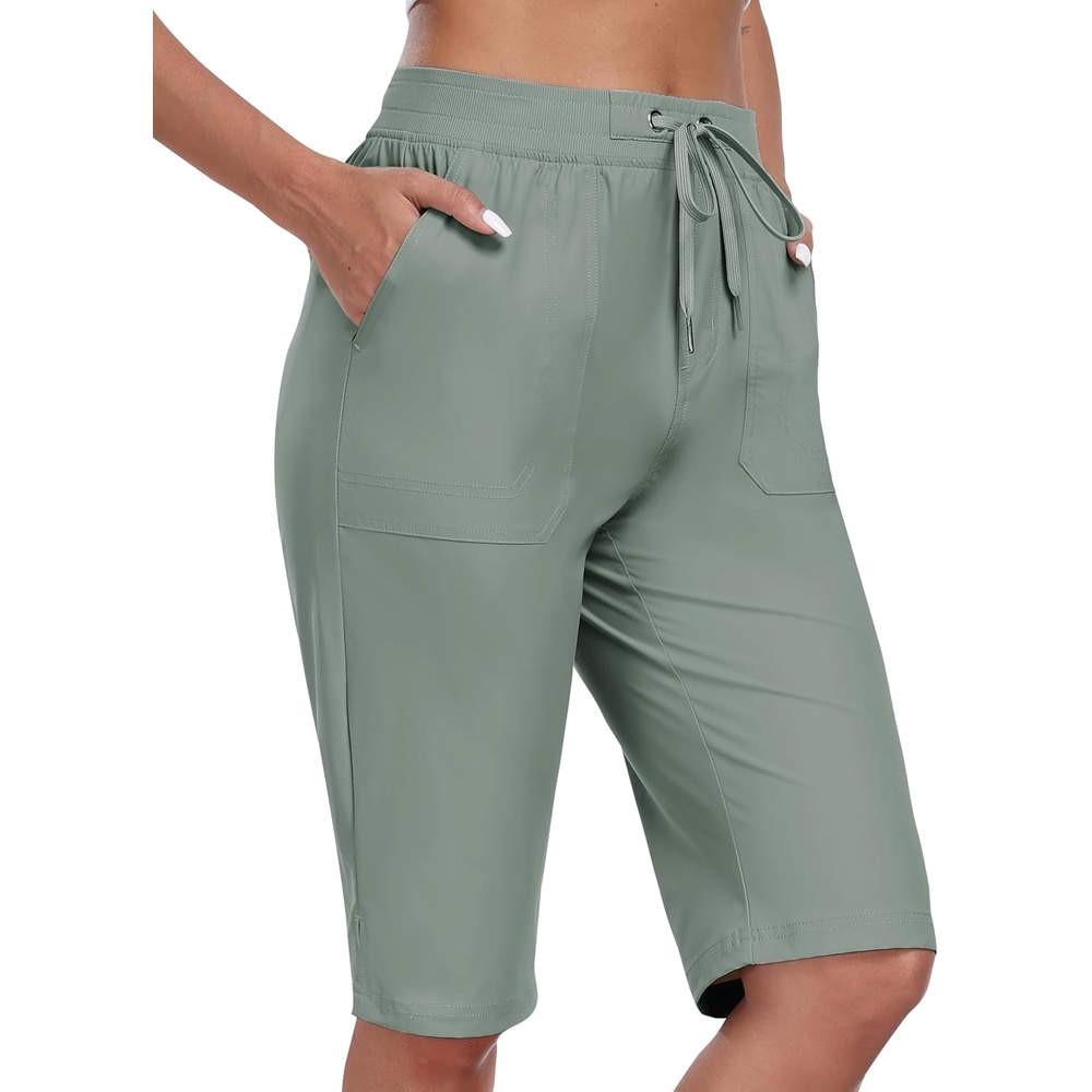 image:imageMoFiz Womens 13 Knee Length Hiking Shorts Quick Dry Water Resistant Athletic Travel Golf Bermuda Shorts with 3 PocketsA05gray Green