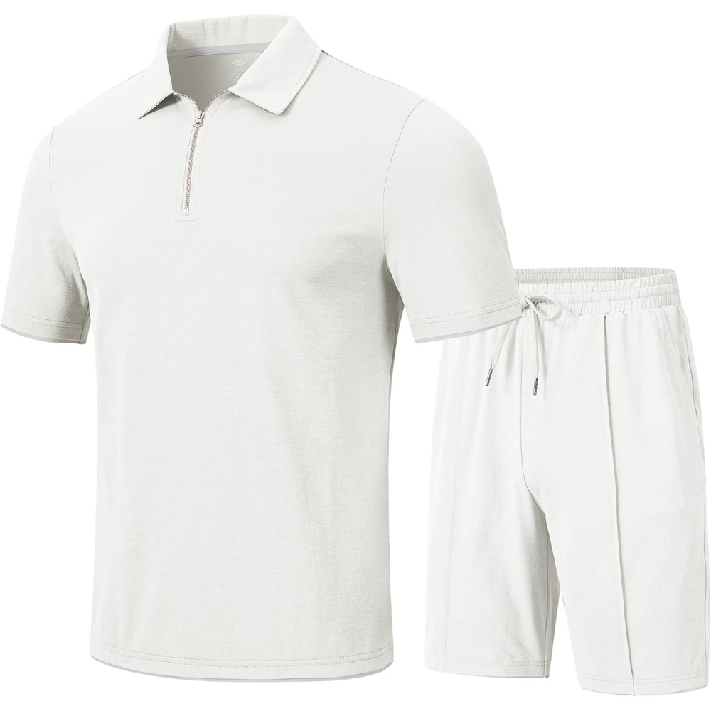 image:imageMoFiz Mens Tracksuits Sets Shorts Quarter Zip Polo Shirts Bottom Shorts Outfits Sport Suits Casual Walking Sets ComfyAwhite Sets