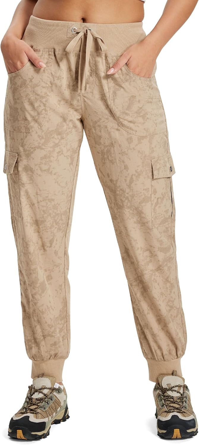 image:imageMoFiz Womens Lightweight Hiking Cargo Pants Outdoor Quick Dry Casual Travel Sweatpants Joggers Elastic Waist Button PocketsA21camouflage Khaki