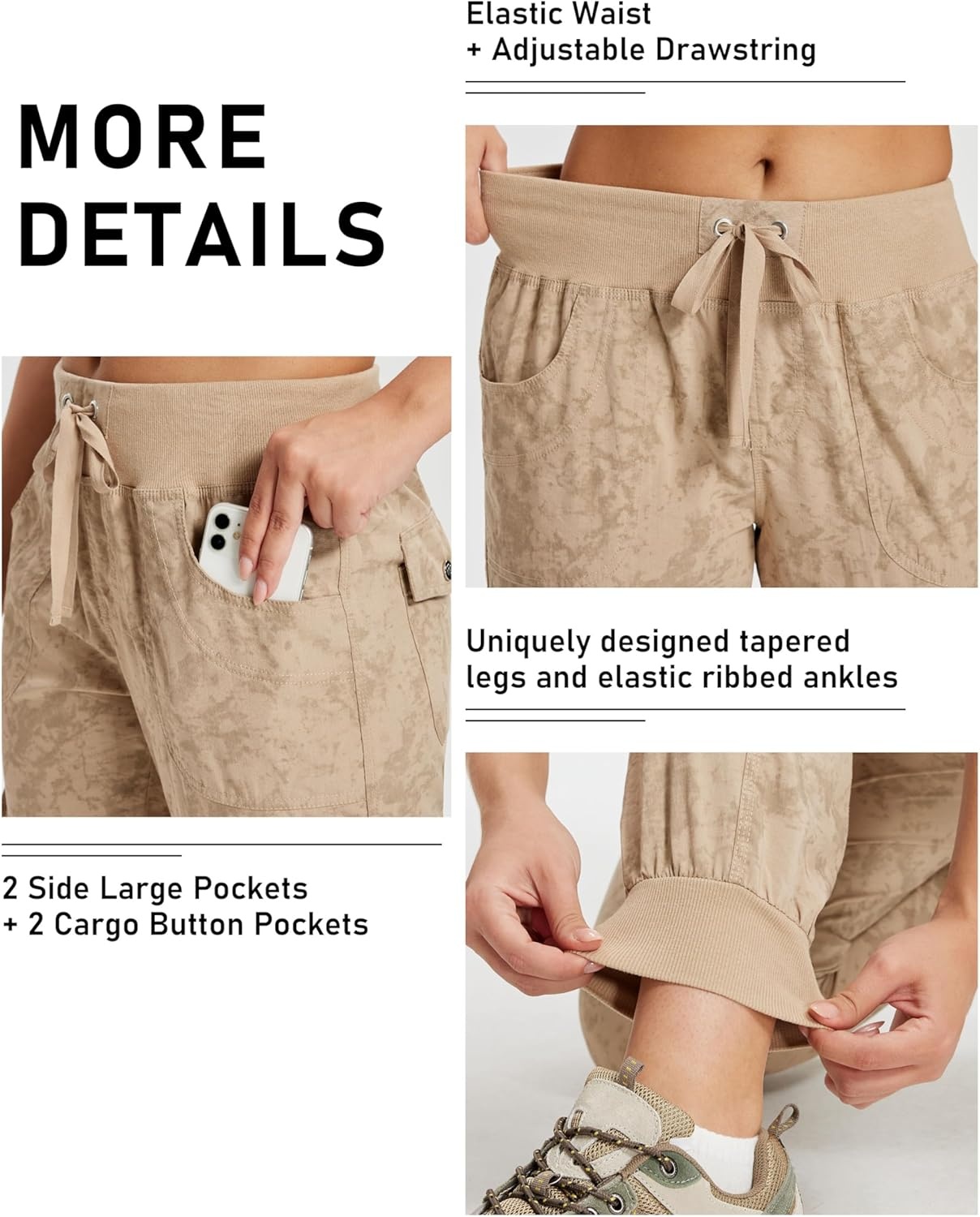 image:imageMoFiz Womens Lightweight Hiking Cargo Pants Outdoor Quick Dry Casual Travel Sweatpants Joggers Elastic Waist Button PocketsA21camouflage Khaki