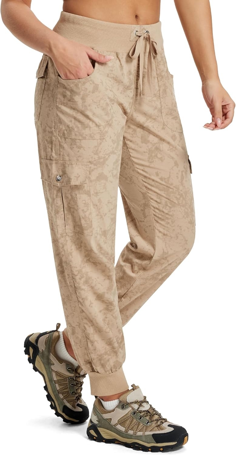 image:imageMoFiz Womens Lightweight Hiking Cargo Pants Outdoor Quick Dry Casual Travel Sweatpants Joggers Elastic Waist Button PocketsA21camouflage Khaki