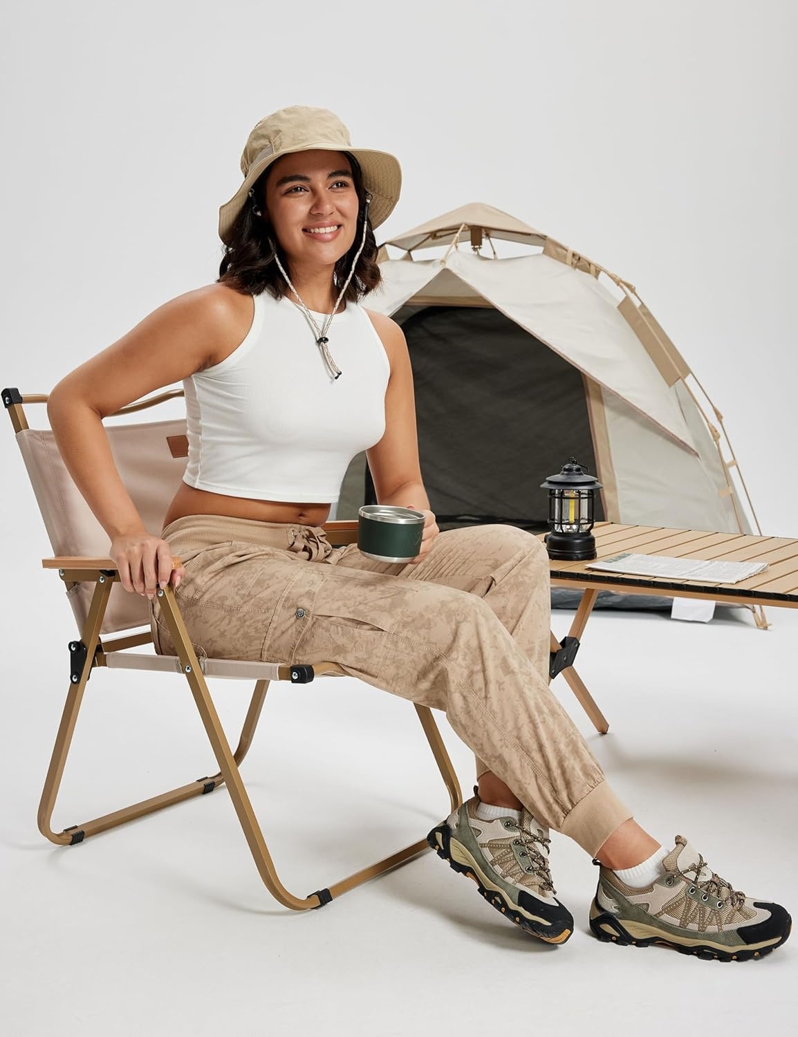 image:imageMoFiz Womens Lightweight Hiking Cargo Pants Outdoor Quick Dry Casual Travel Sweatpants Joggers Elastic Waist Button PocketsA21camouflage Khaki