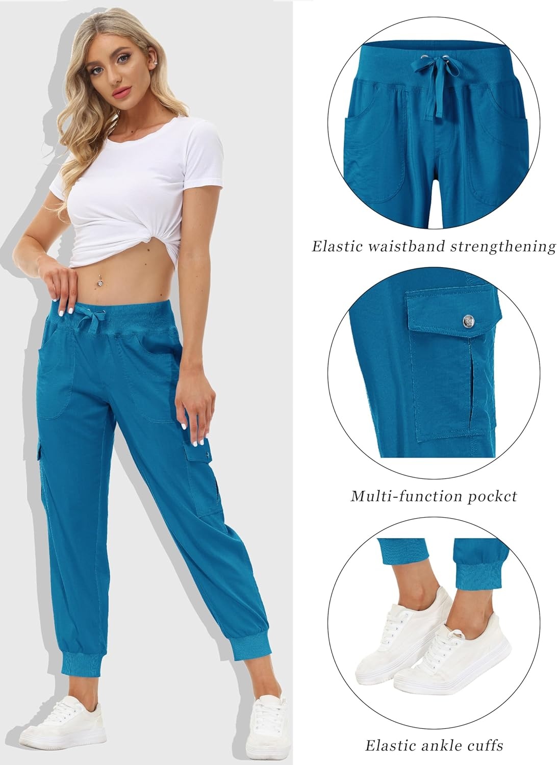 image:imageMoFiz Womens Lightweight Hiking Cargo Pants Outdoor Quick Dry Casual Travel Sweatpants Joggers Elastic Waist Button PocketsA22sapphire Blue
