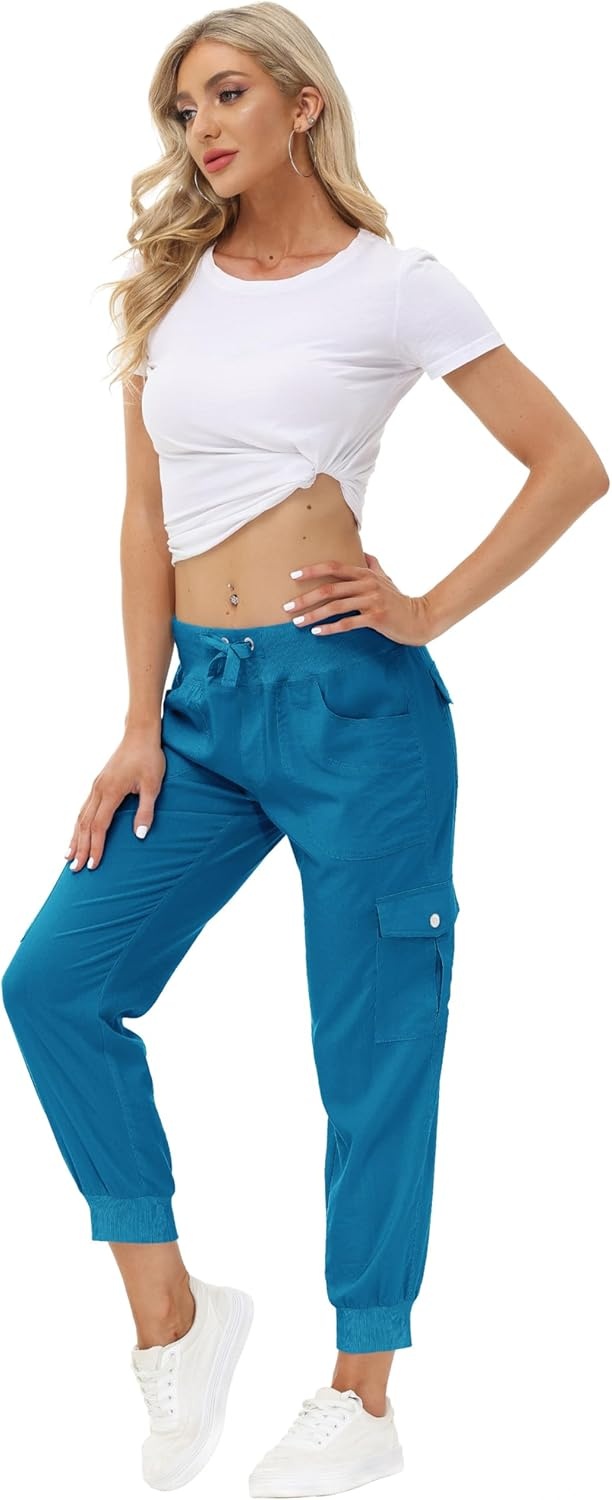 image:imageMoFiz Womens Lightweight Hiking Cargo Pants Outdoor Quick Dry Casual Travel Sweatpants Joggers Elastic Waist Button PocketsA22sapphire Blue