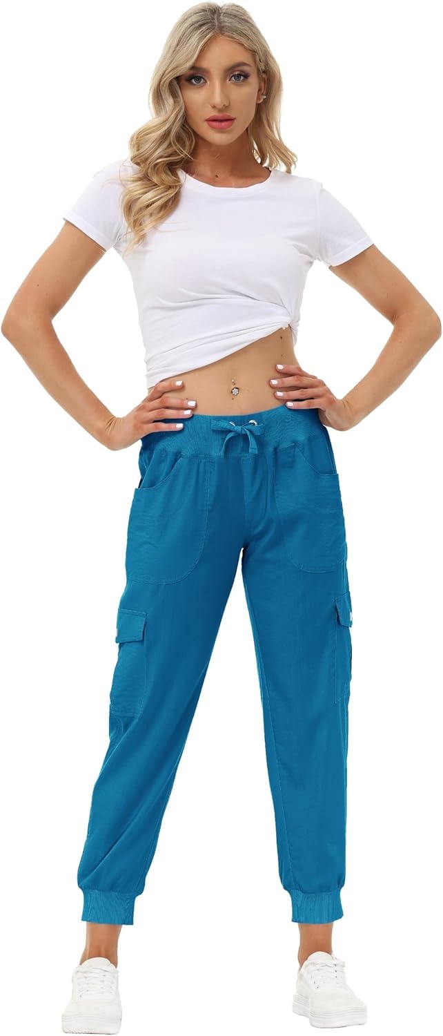 image:imageMoFiz Womens Lightweight Hiking Cargo Pants Outdoor Quick Dry Casual Travel Sweatpants Joggers Elastic Waist Button PocketsA22sapphire Blue