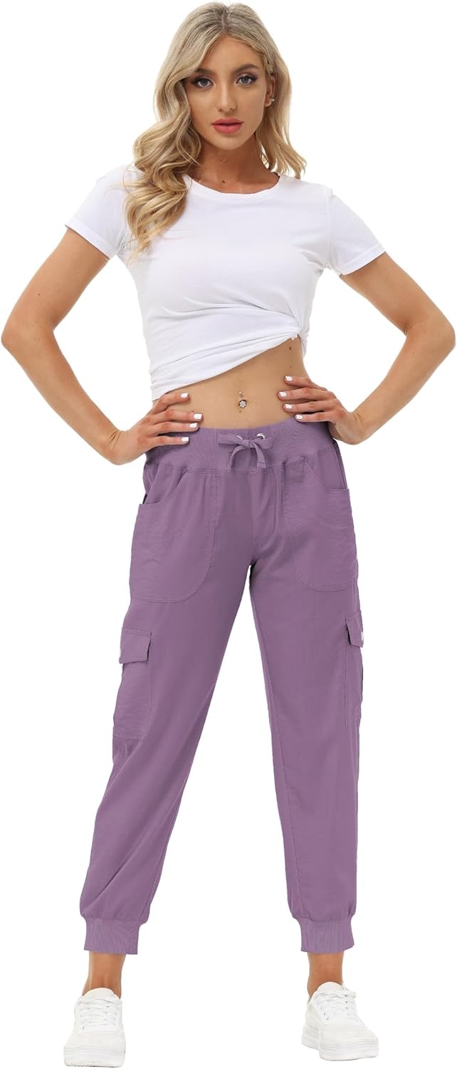 image:imageMoFiz Womens Lightweight Hiking Cargo Pants Outdoor Quick Dry Casual Travel Sweatpants Joggers Elastic Waist Button PocketsA23light Purple