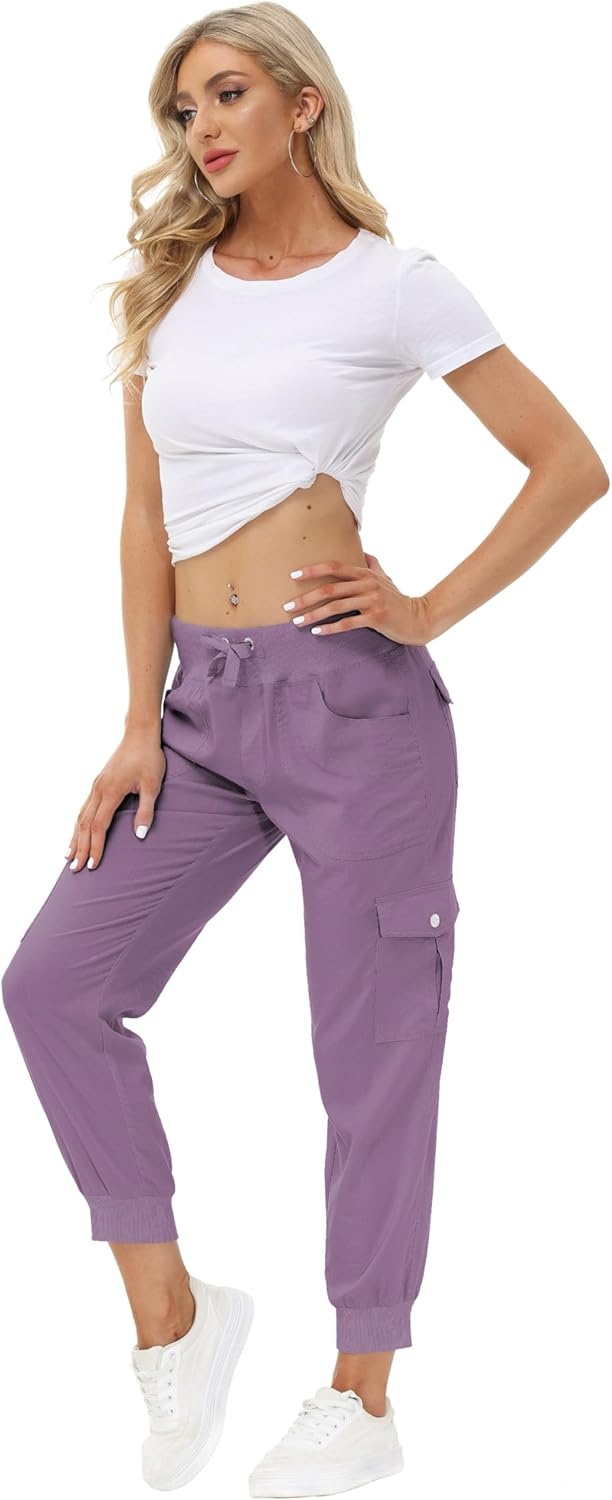 image:imageMoFiz Womens Lightweight Hiking Cargo Pants Outdoor Quick Dry Casual Travel Sweatpants Joggers Elastic Waist Button PocketsA23light Purple