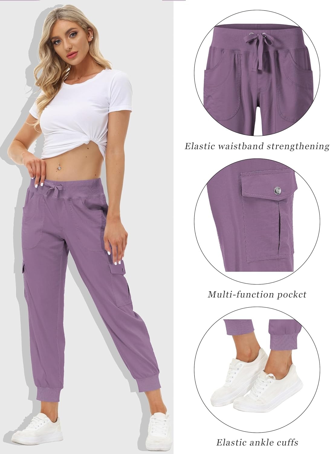 image:imageMoFiz Womens Lightweight Hiking Cargo Pants Outdoor Quick Dry Casual Travel Sweatpants Joggers Elastic Waist Button PocketsA23light Purple