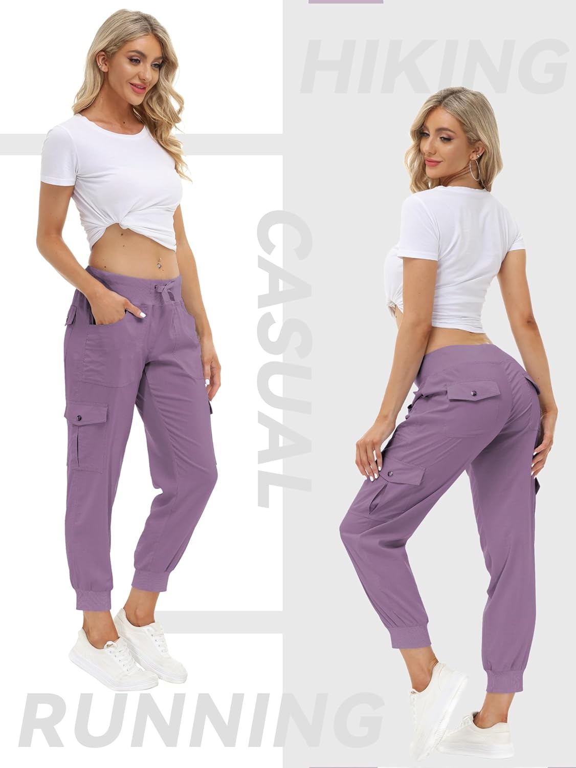image:imageMoFiz Womens Lightweight Hiking Cargo Pants Outdoor Quick Dry Casual Travel Sweatpants Joggers Elastic Waist Button PocketsA23light Purple