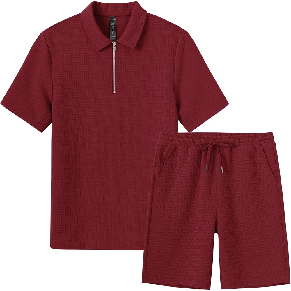 image:imageMoFiz Mens Sweat Suits Set Tracksuit 2 Piece Outfits Short Sleeve Casual Sweatshirt amp Loose Jogging ShortsWine Red