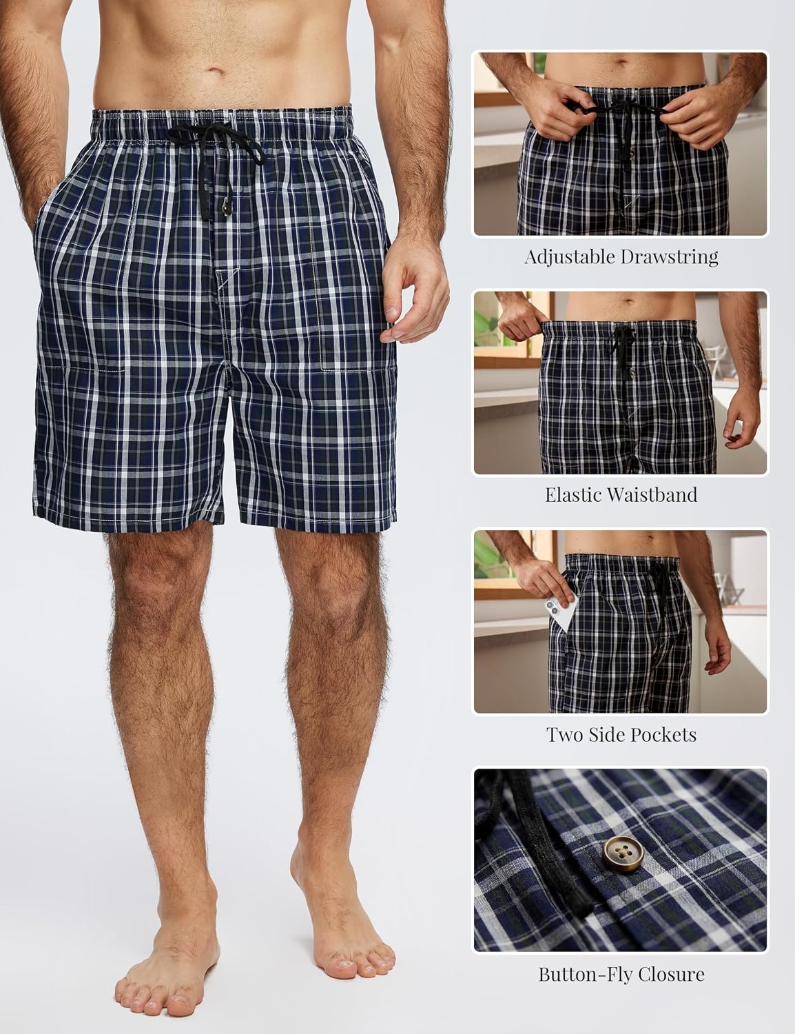 image:imageMoFiz Mens Plaid Pajama Shorts 3Pack Woven Cotton Sleep amp Lounge Shorts Lightweight PJ Bottoms with Pockets amp Button Fly3 Packb