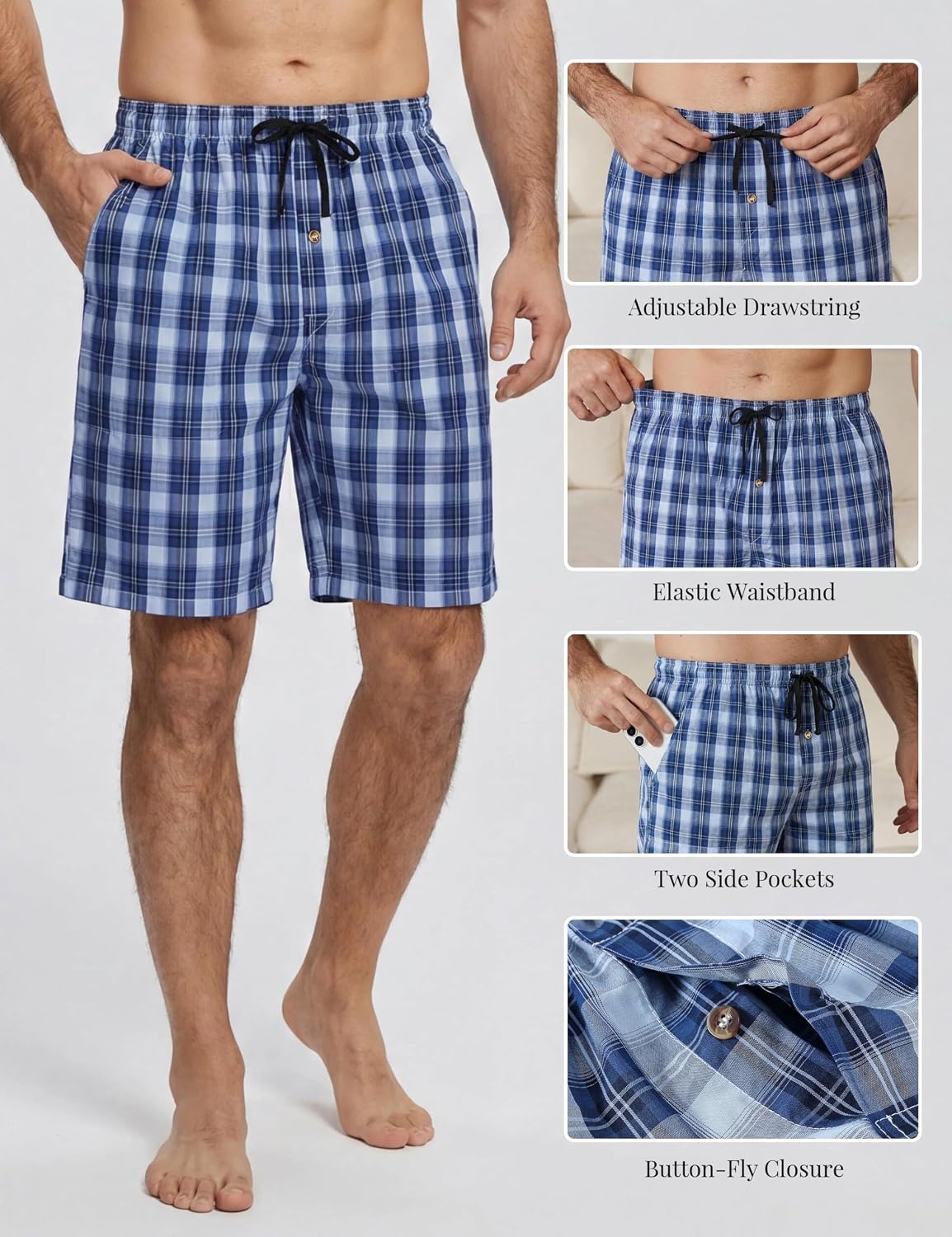 image:imageMoFiz Mens Plaid Pajama Shorts 3Pack Woven Cotton Sleep amp Lounge Shorts Lightweight PJ Bottoms with Pockets amp Button Fly3 Packc