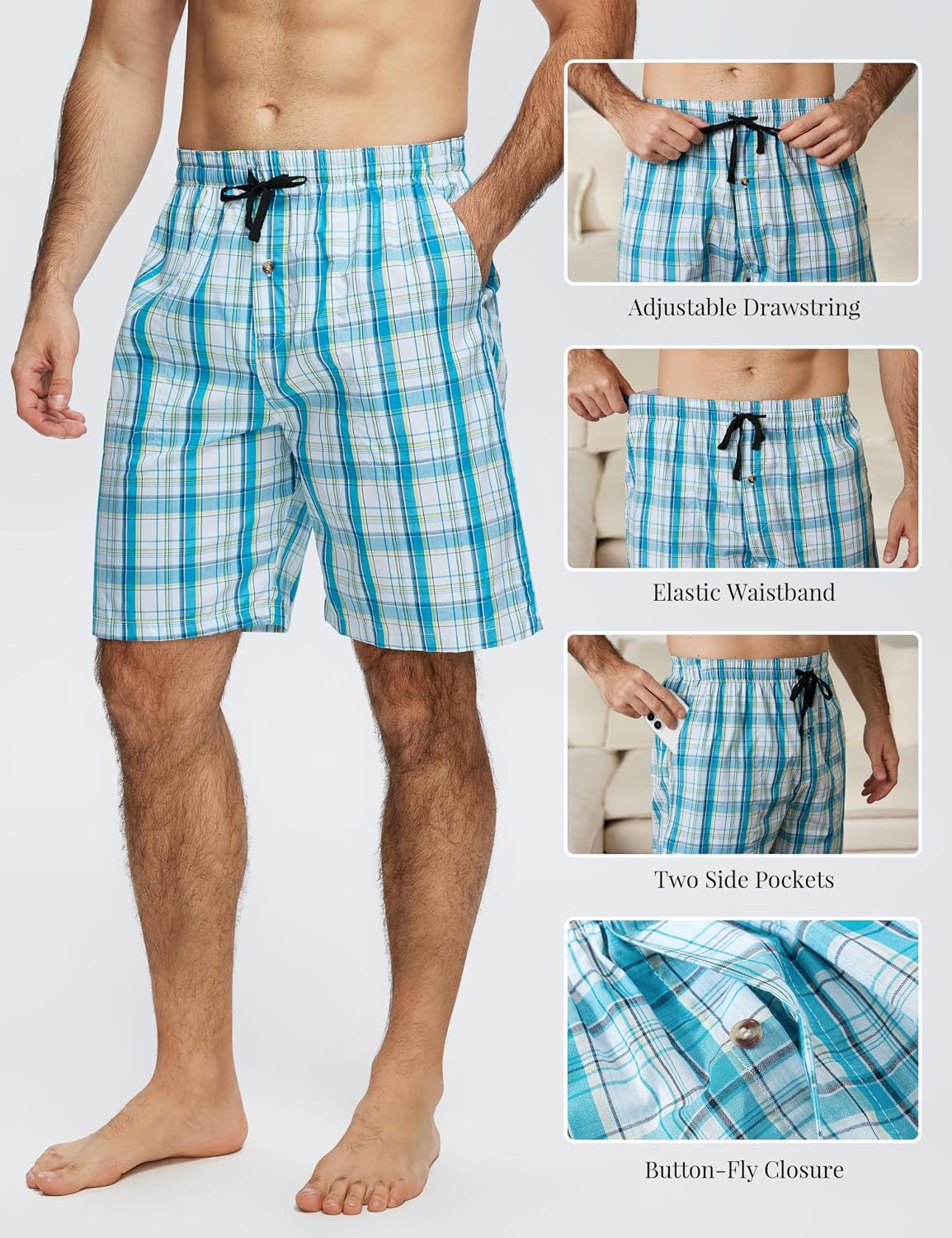 image:imageMoFiz Mens Plaid Pajama Shorts 3Pack Woven Cotton Sleep amp Lounge Shorts Lightweight PJ Bottoms with Pockets amp Button Fly3 Packd