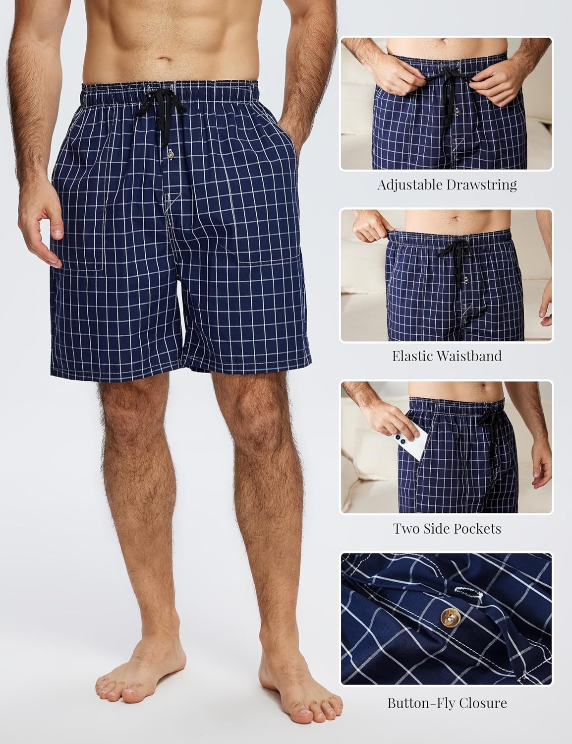 image:imageMoFiz Mens Plaid Pajama Shorts 3Pack Woven Cotton Sleep amp Lounge Shorts Lightweight PJ Bottoms with Pockets amp Button Fly3 Packe
