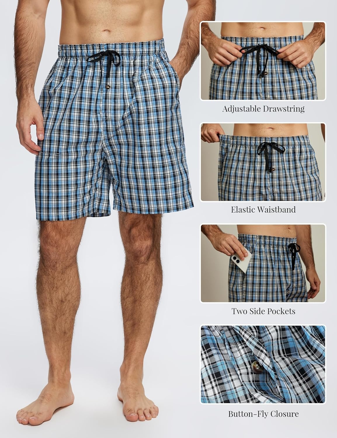 image:imageMoFiz Mens Plaid Pajama Shorts 3Pack Woven Cotton Sleep amp Lounge Shorts Lightweight PJ Bottoms with Pockets amp Button Fly3 Packh