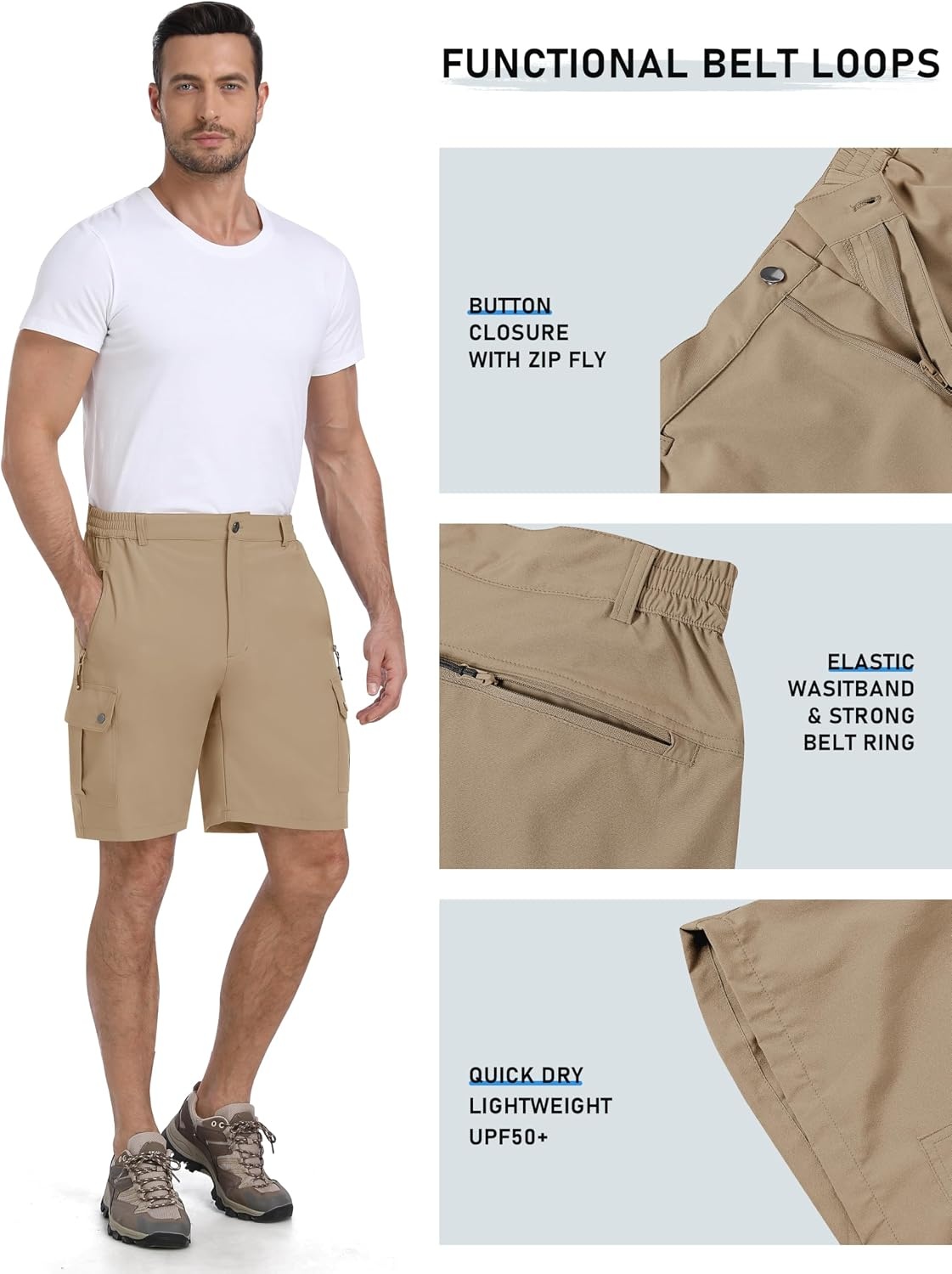 image:imageMoFiz Mens Qucik Dry Hiking Cargo Shorts 89 Lightweight Outdoor Mens Stretch Golf Casual Shorts with 5 PocketsKhaki