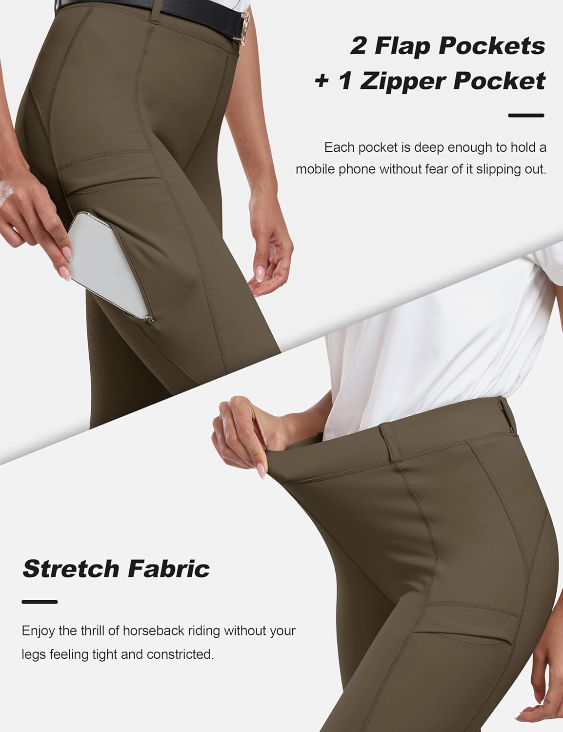 image:imageMoFiz Womens Silicone Full Seat Horse Riding Pants Zipper Pockets Equestrian Breeches Riding TightsBrown
