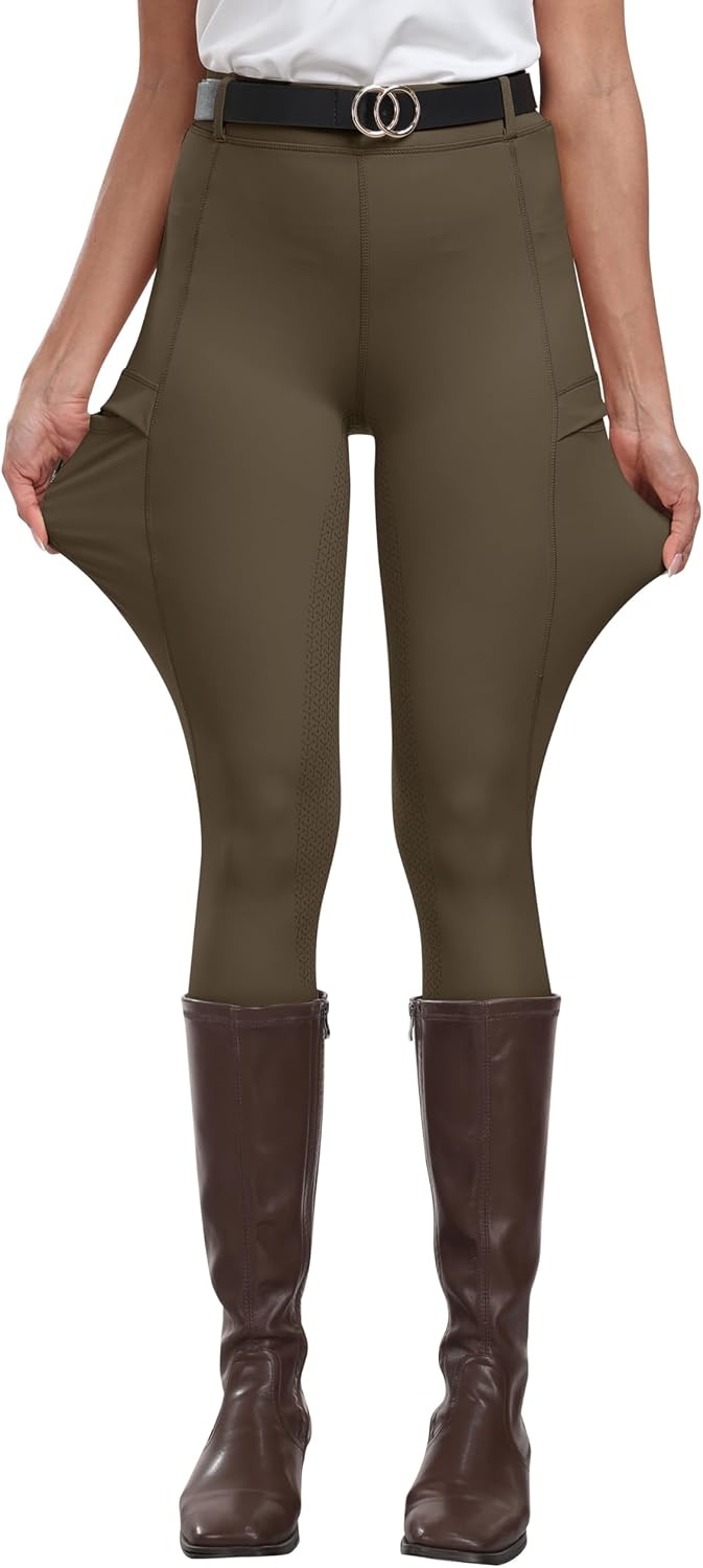 image:imageMoFiz Womens Silicone Full Seat Horse Riding Pants Zipper Pockets Equestrian Breeches Riding TightsBrown