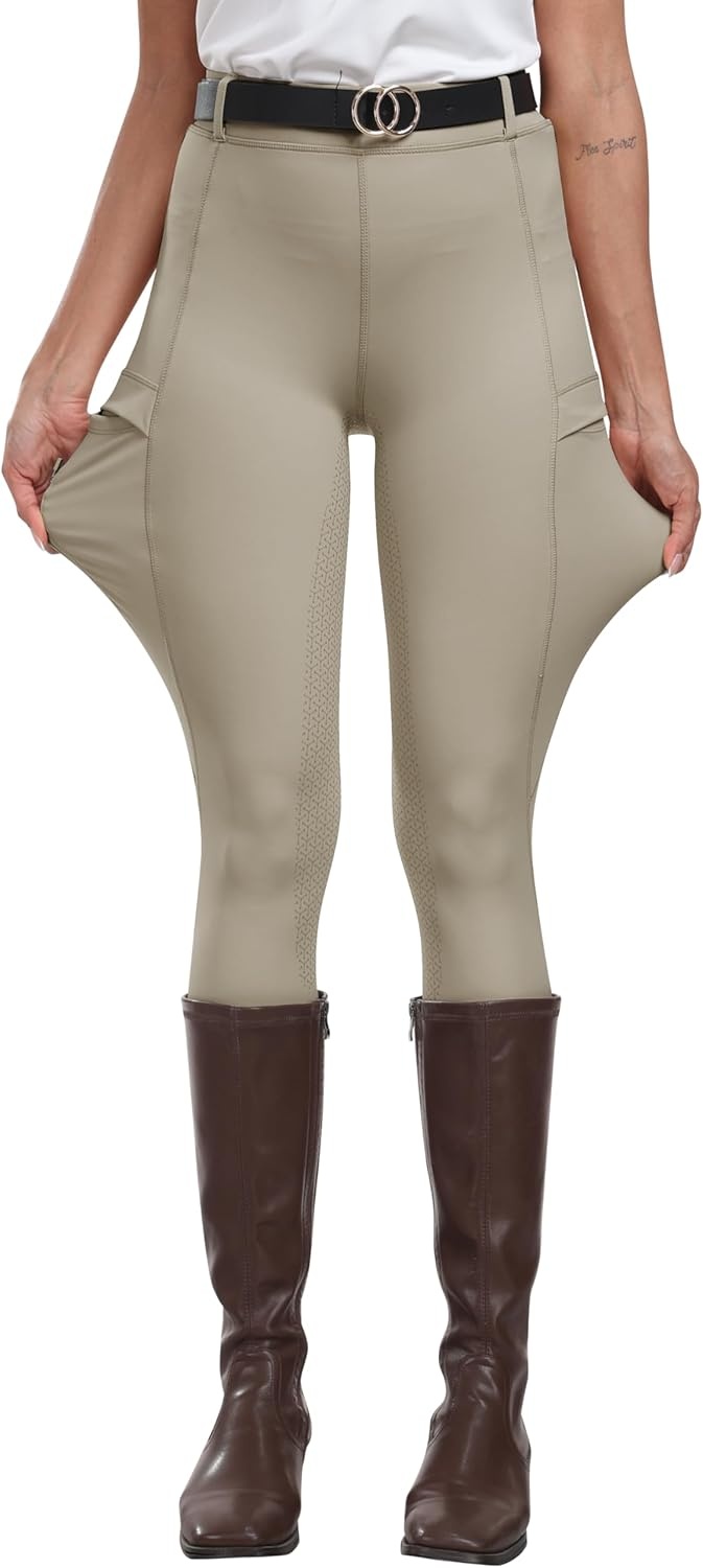 image:imageMoFiz Womens Silicone Full Seat Horse Riding Pants Zipper Pockets Equestrian Breeches Riding TightsDark Khaki