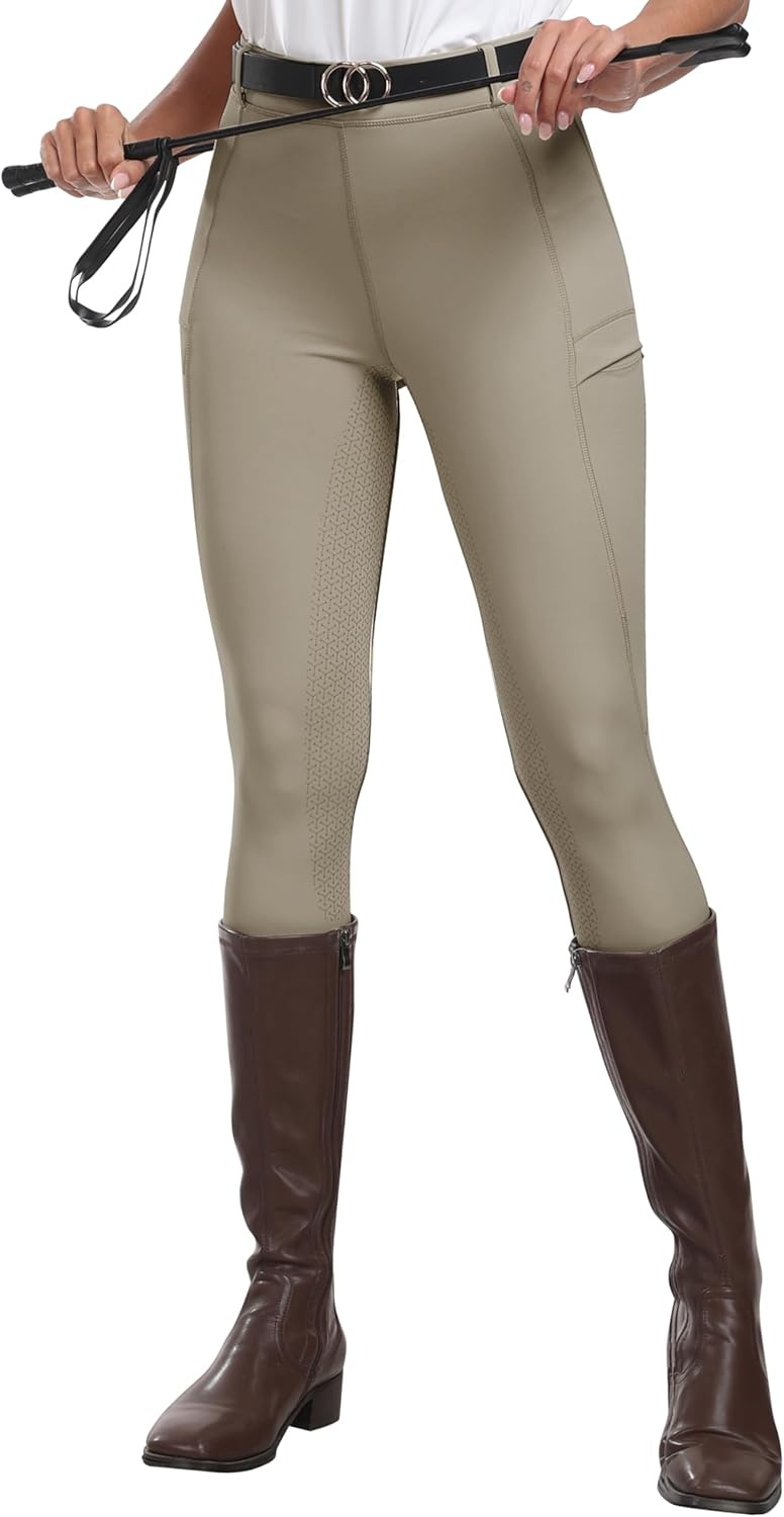 image:imageMoFiz Womens Silicone Full Seat Horse Riding Pants Zipper Pockets Equestrian Breeches Riding TightsDark Khaki