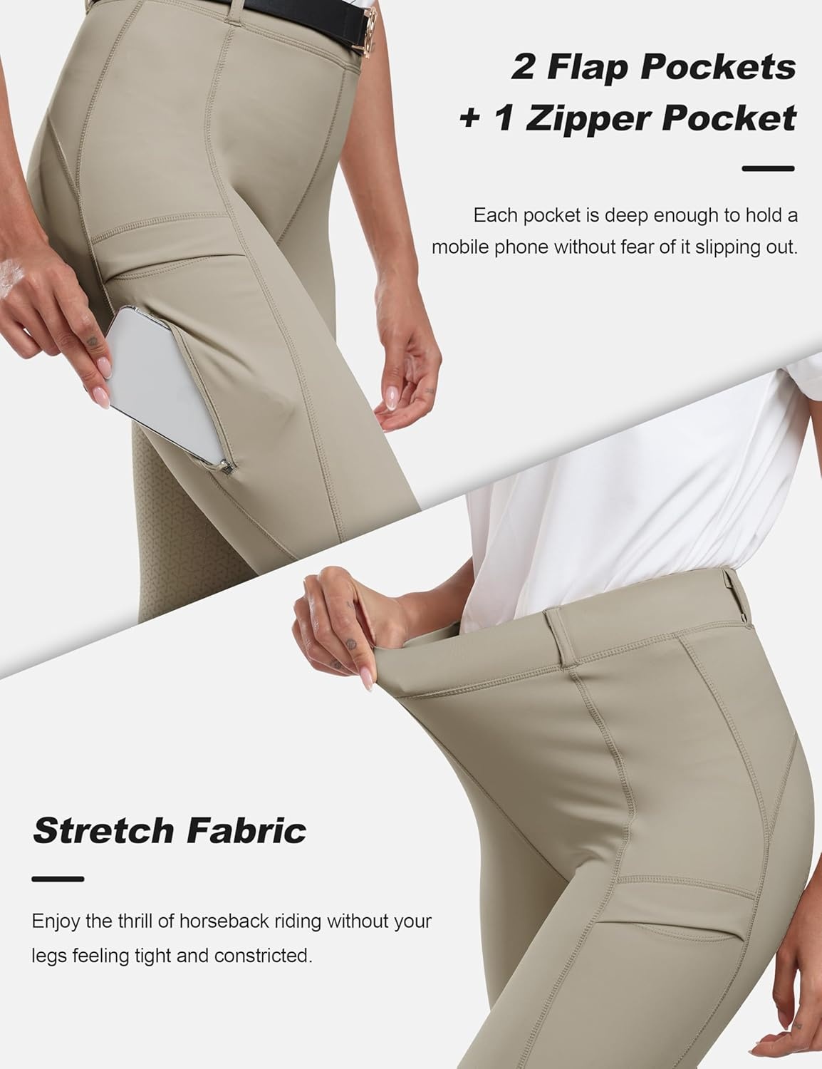 image:imageMoFiz Womens Silicone Full Seat Horse Riding Pants Zipper Pockets Equestrian Breeches Riding TightsDark Khaki