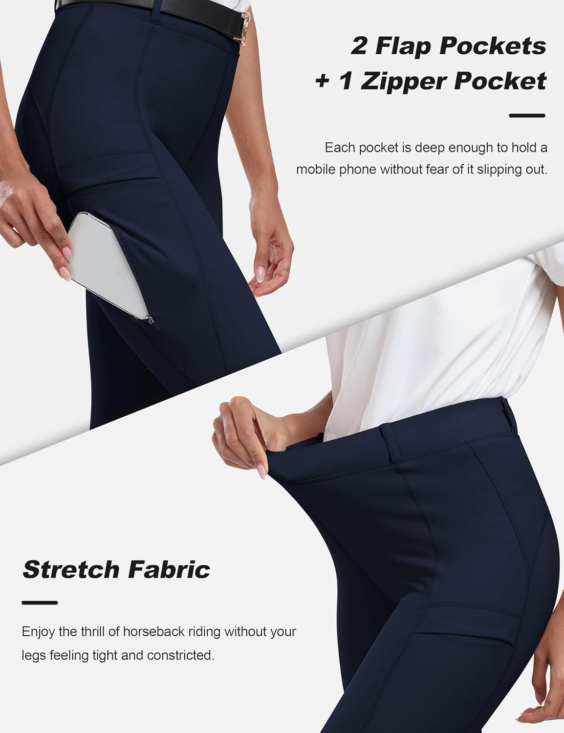 image:imageMoFiz Womens Silicone Full Seat Horse Riding Pants Zipper Pockets Equestrian Breeches Riding TightsNavy
