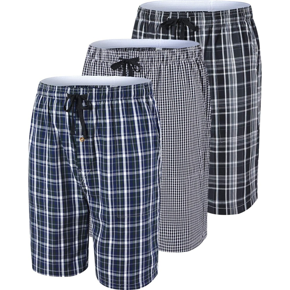 image:imageMoFiz Mens Plaid Pajama Shorts 3Pack Woven Cotton Sleep amp Lounge Shorts Lightweight PJ Bottoms with Pockets amp Button Fly3 Packb