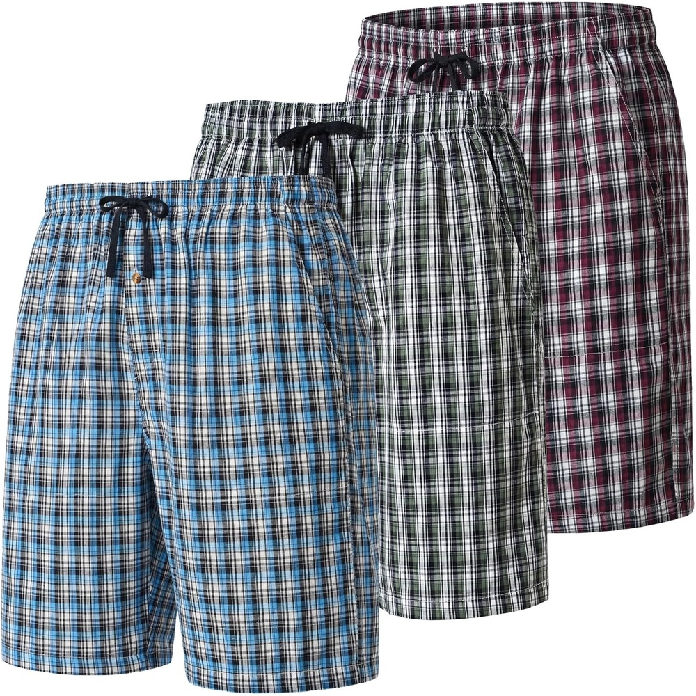 image:imageMoFiz Mens Plaid Pajama Shorts 3Pack Woven Cotton Sleep amp Lounge Shorts Lightweight PJ Bottoms with Pockets amp Button Fly3 Packh